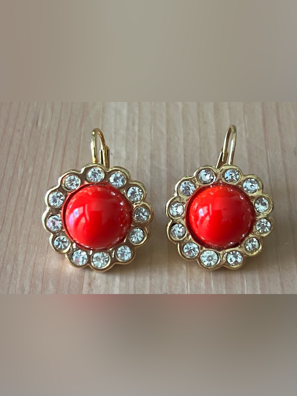 Monet Gold-Tone Red Cabochon Flower Earrings with Clear Crystals